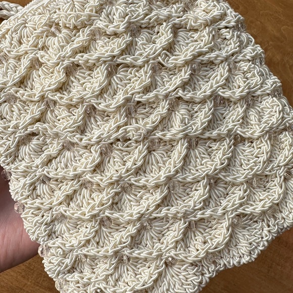 Vintage Square Beaded Woven Crossbody Bag, Cream - Picture 11 of 11